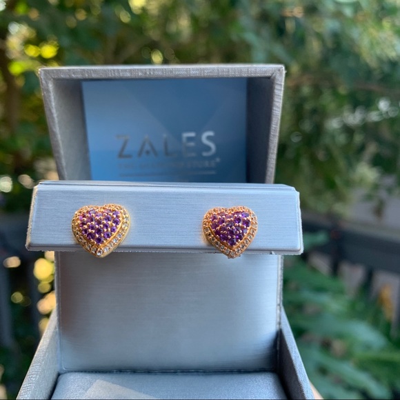 Zales Amethyst and White Topaz Heart Stud Earrings - Picture 12 of 15
